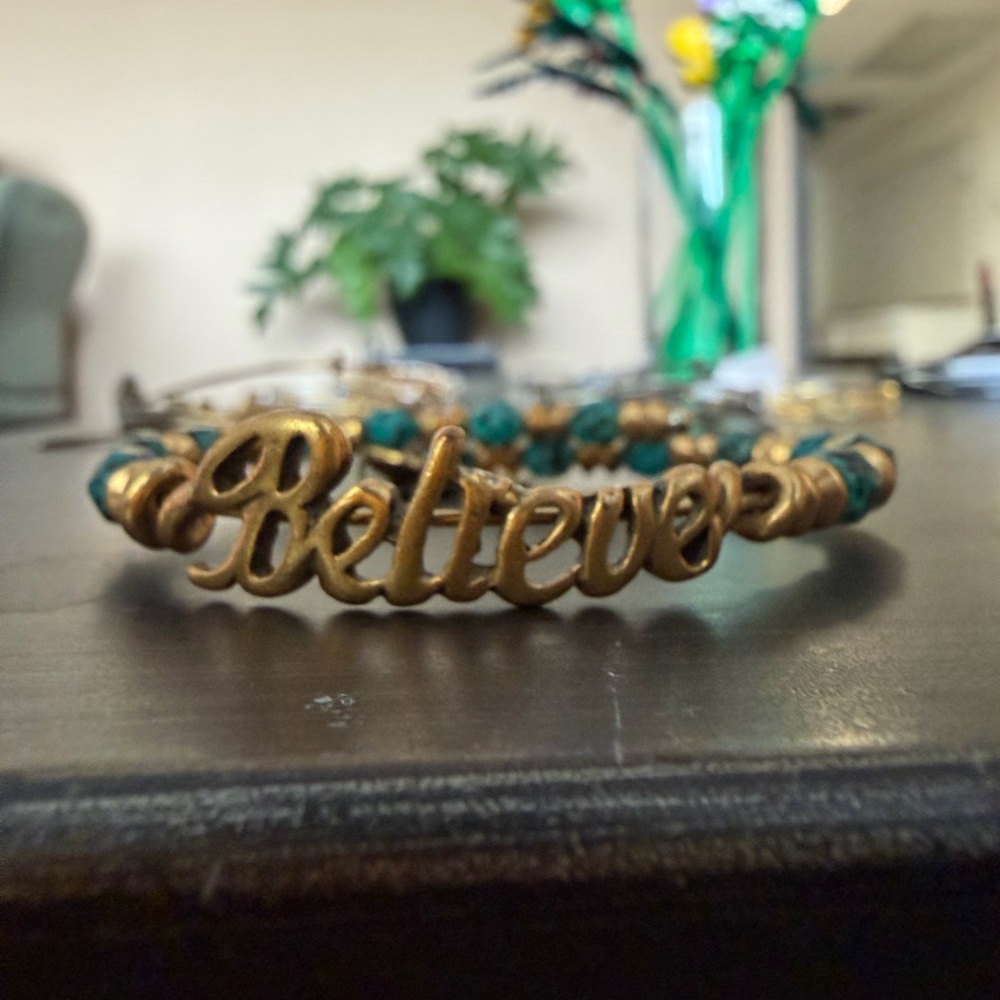 Gold 'Believe' Alex and Ani Bracelet with turquoise Accents